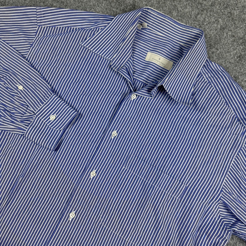 Ermenegildo Zegna Button Down Shirt Mens 16.5 Blue White Striped Long Sleeve